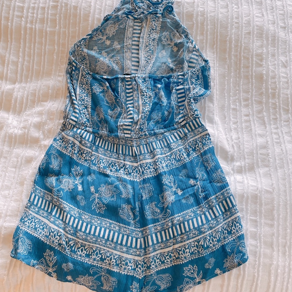 Lulu’s Medium Blue Patterned Halter Romper - image 1